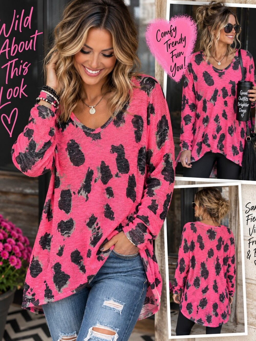 BiBi Medium Hot Pink Animal Print Lightweight Knit Top Leopard Print Made in USA